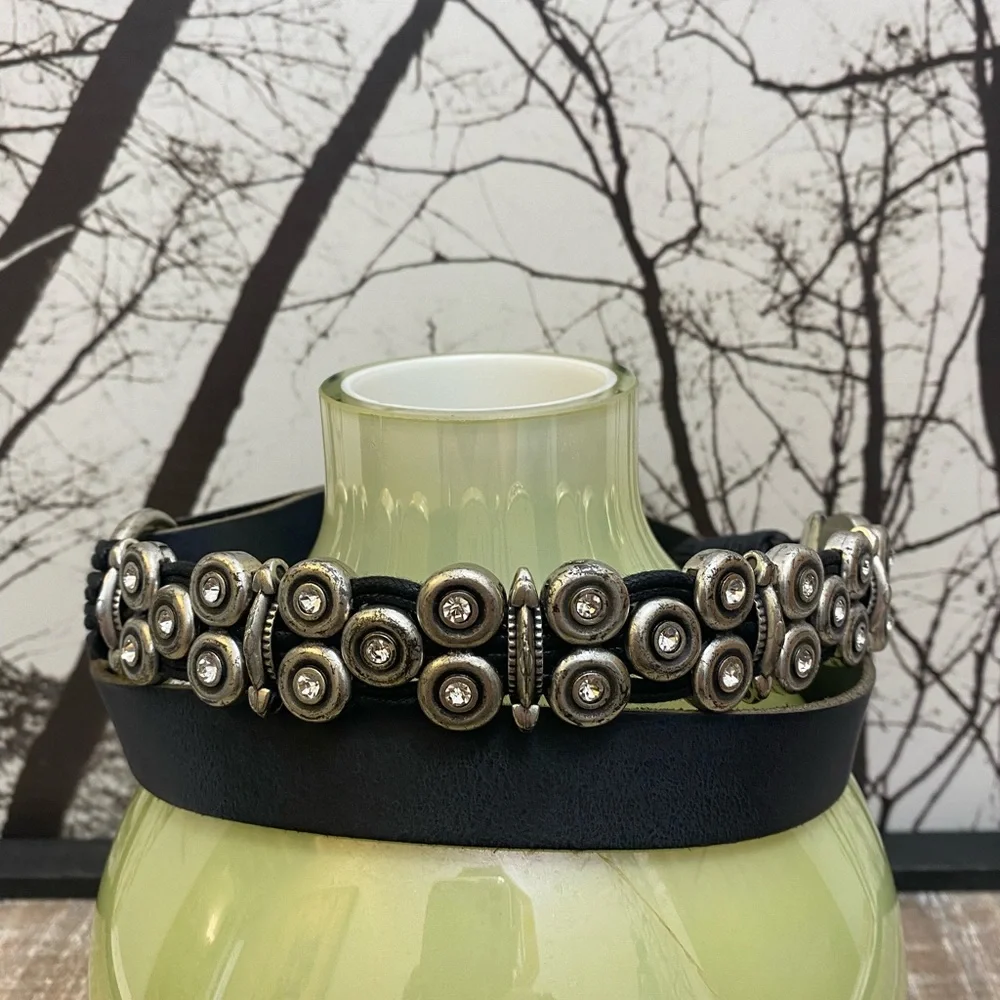 ANTONIAZZI FIRENZE Black Leather Belt Silver Hardware Rhinestones Made in Italy